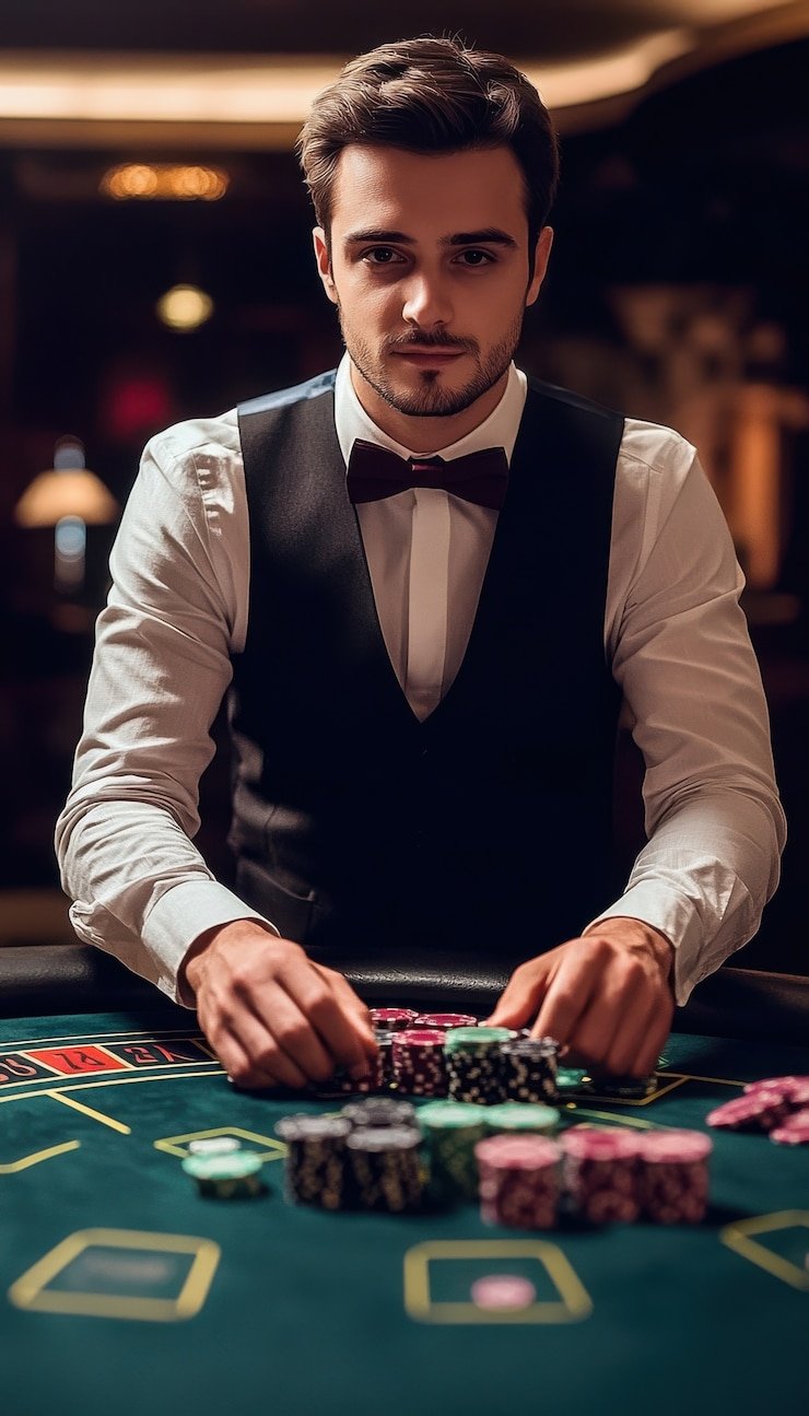 Dealer bermain Blackjack dengan visual HD dan chat interaktif di layar